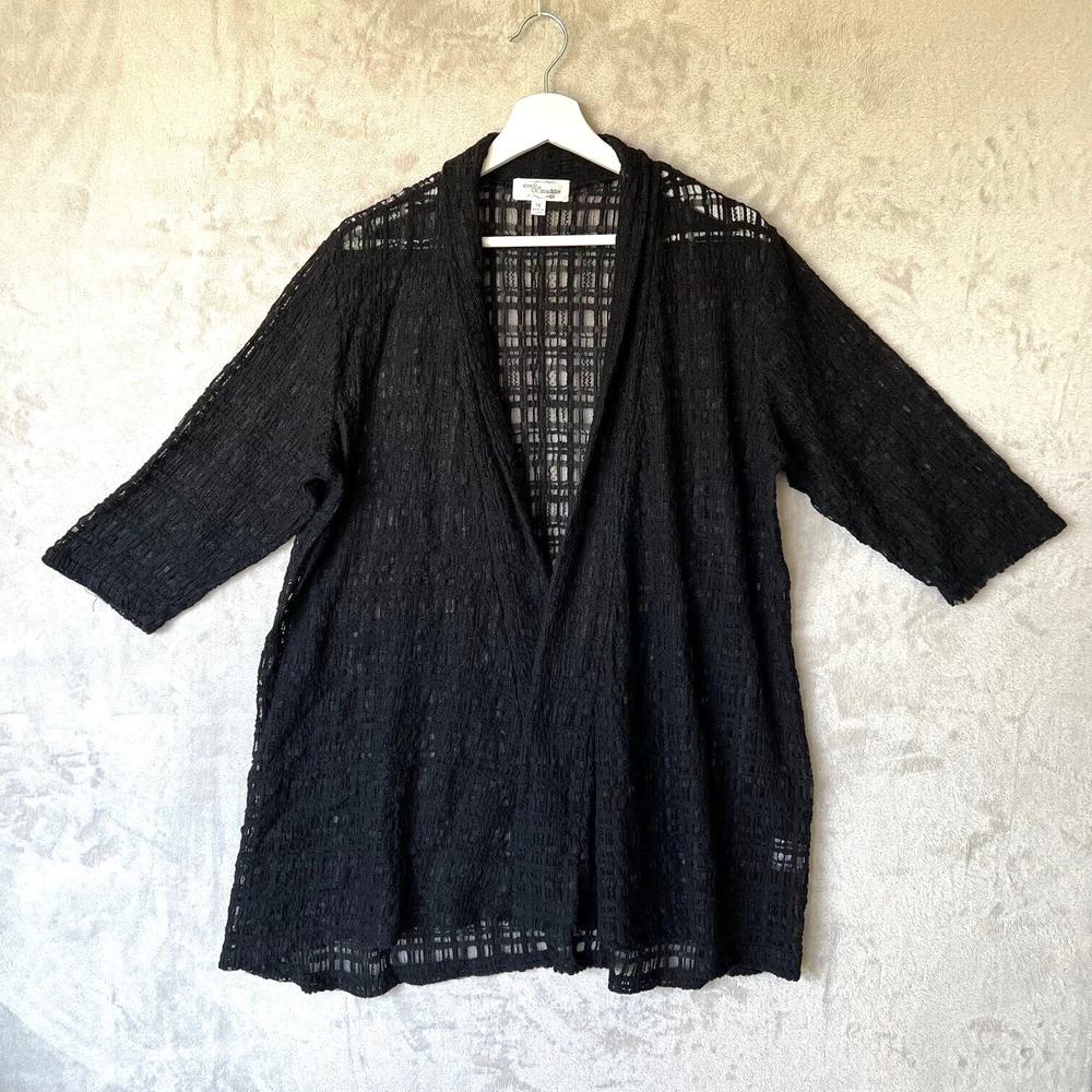 Eve & Maddie Black Windowpane Grid Lace Open Front 1X 3/4 Sleeve Cardigan Topper